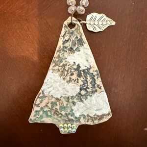 Boho Crystal Beaded Necklace with Handmade Abstract Tree Pendant, Iridescent Pat